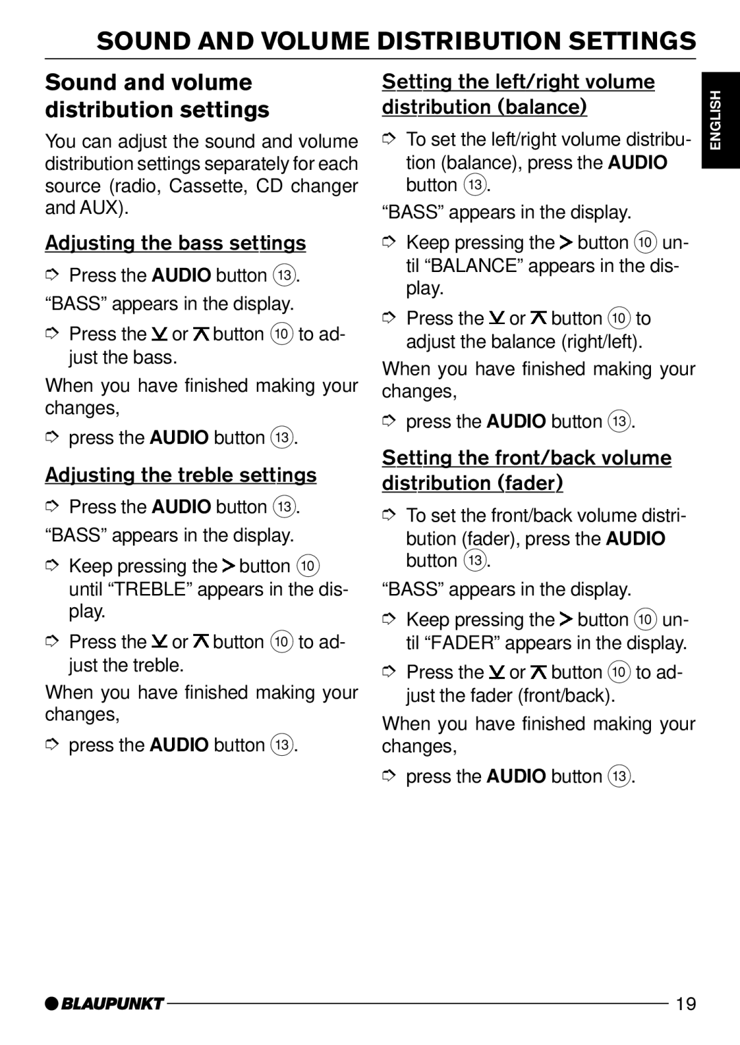 Blaupunkt C51 operating instructions Sound and Volume Distribution Settings, Sound and volume distribution settings 