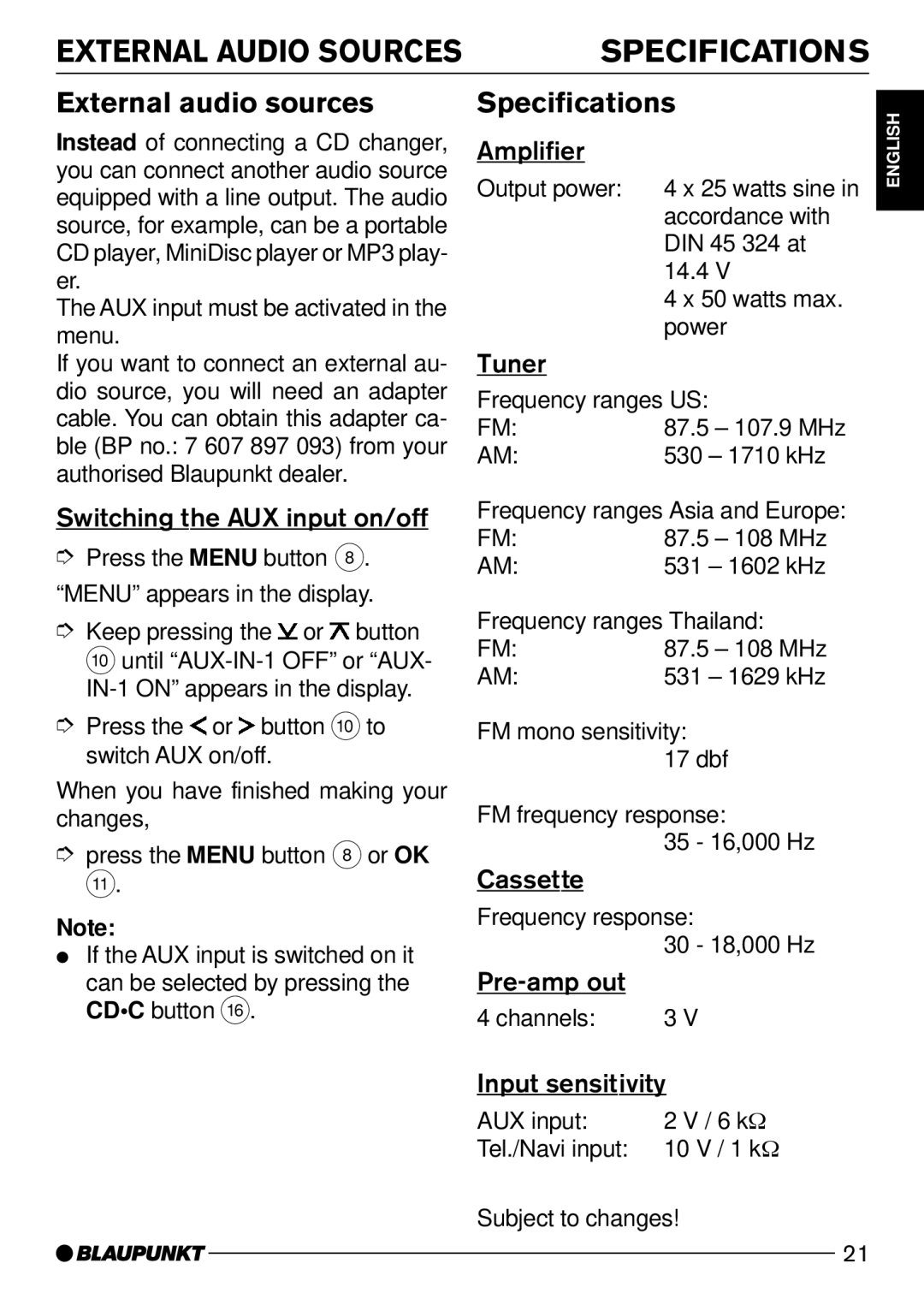 Blaupunkt C51 operating instructions External Audio Sources Specifications, External audio sources 