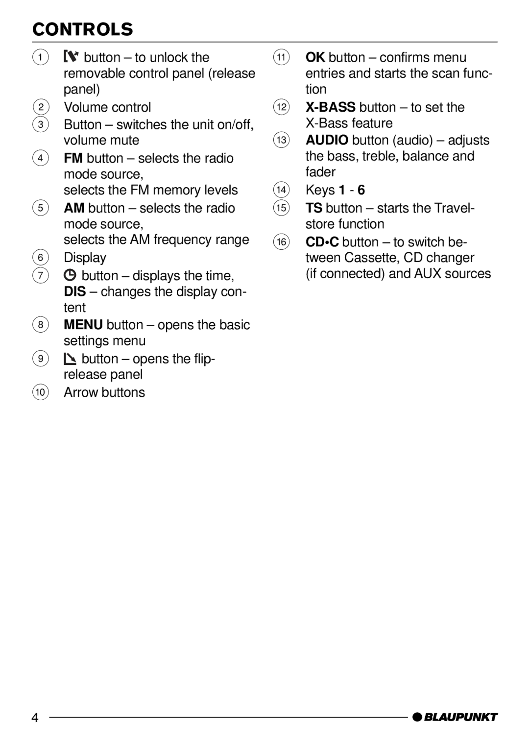 Blaupunkt C51 operating instructions Controls 