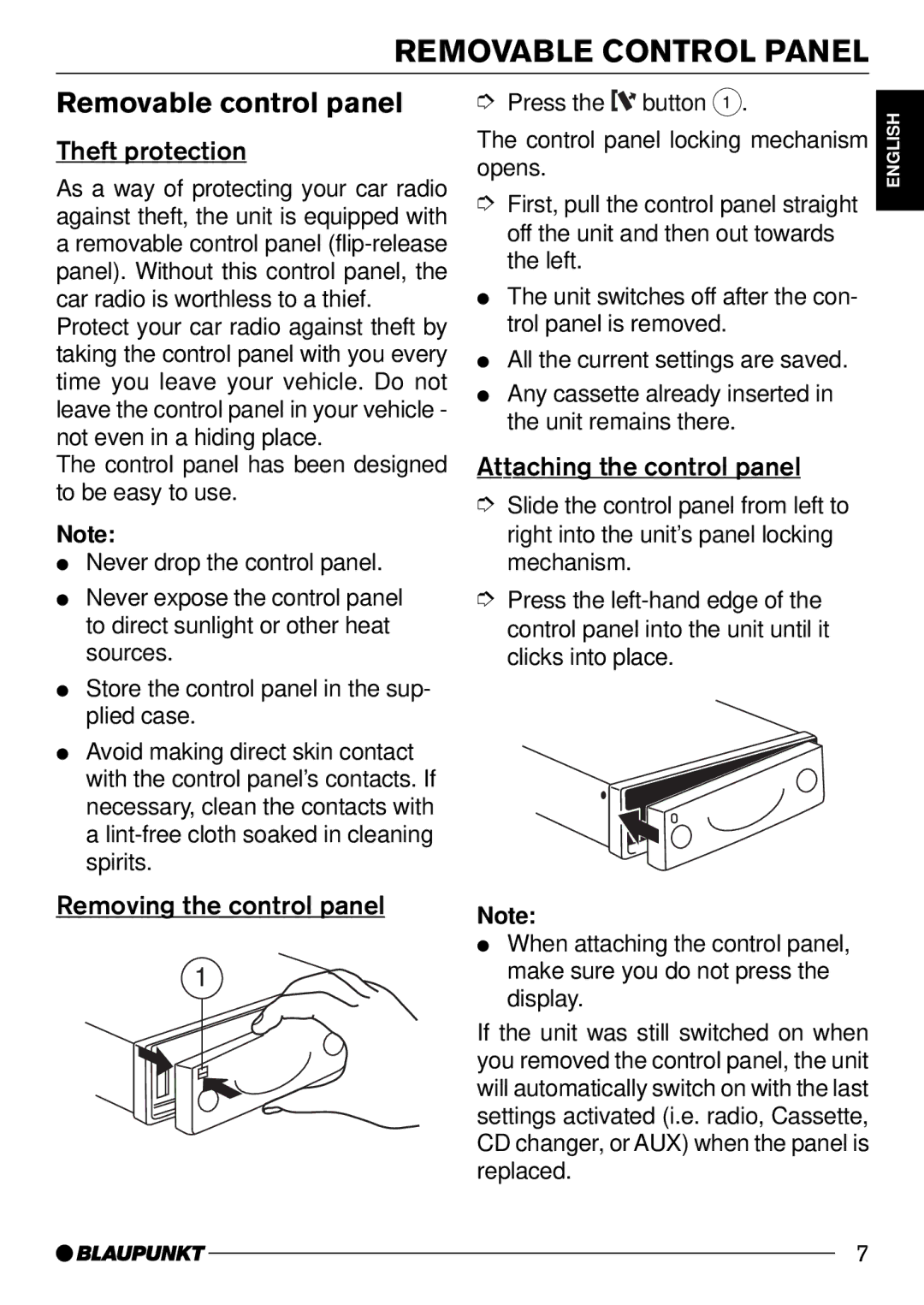 Blaupunkt C51 Removable Control Panel, Removable control panel, Theft protection, Removing the control panel 