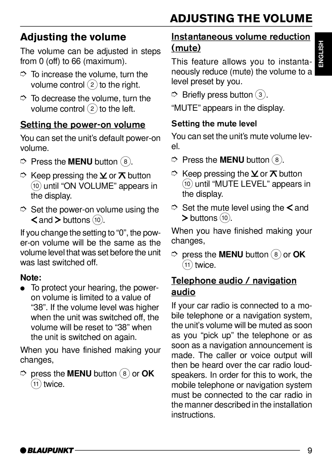 Blaupunkt C51 Adjusting the Volume, Adjusting the volume, Setting the power-on volume, Instantaneous volume reduction Mute 