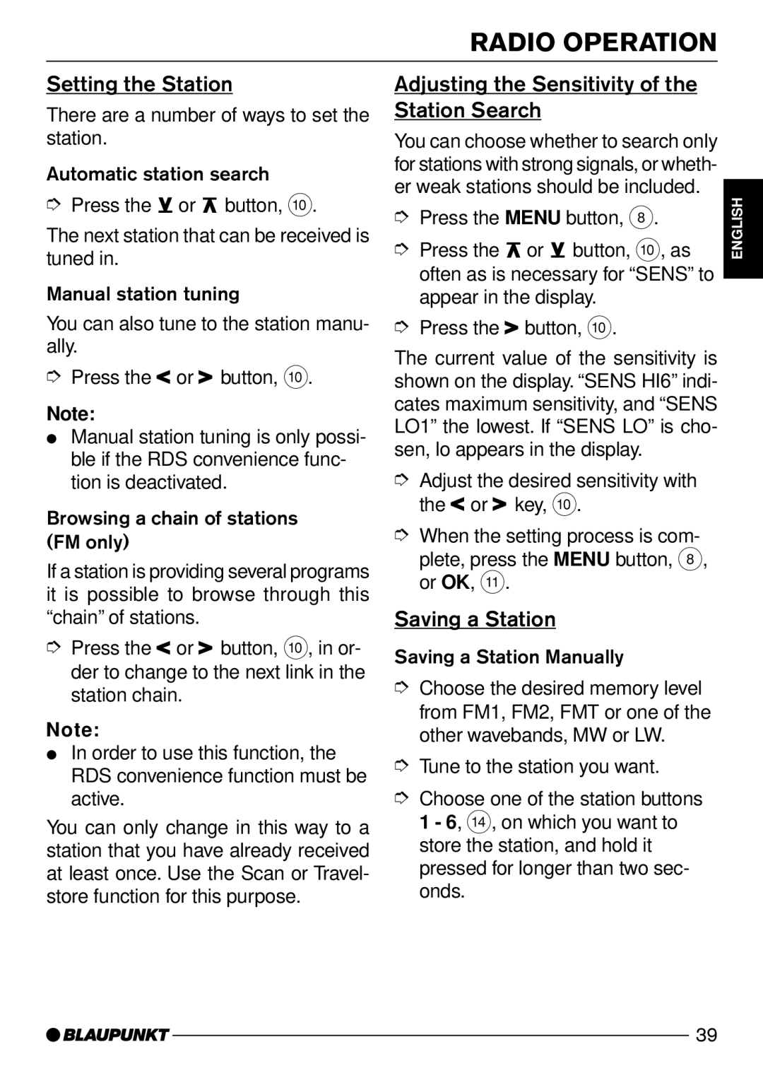 Blaupunkt C51 operating instructions Setting the Station, Adjusting the Sensitivity of the Station Search, Saving a Station 