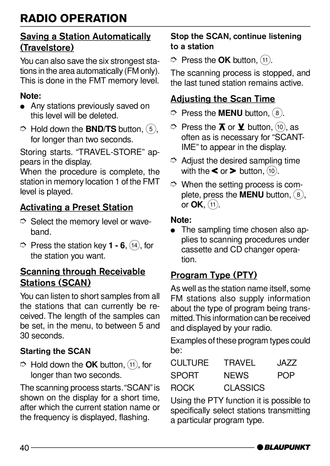 Blaupunkt C51 Saving a Station Automatically Travelstore, Activating a Preset Station, Adjusting the Scan Time 