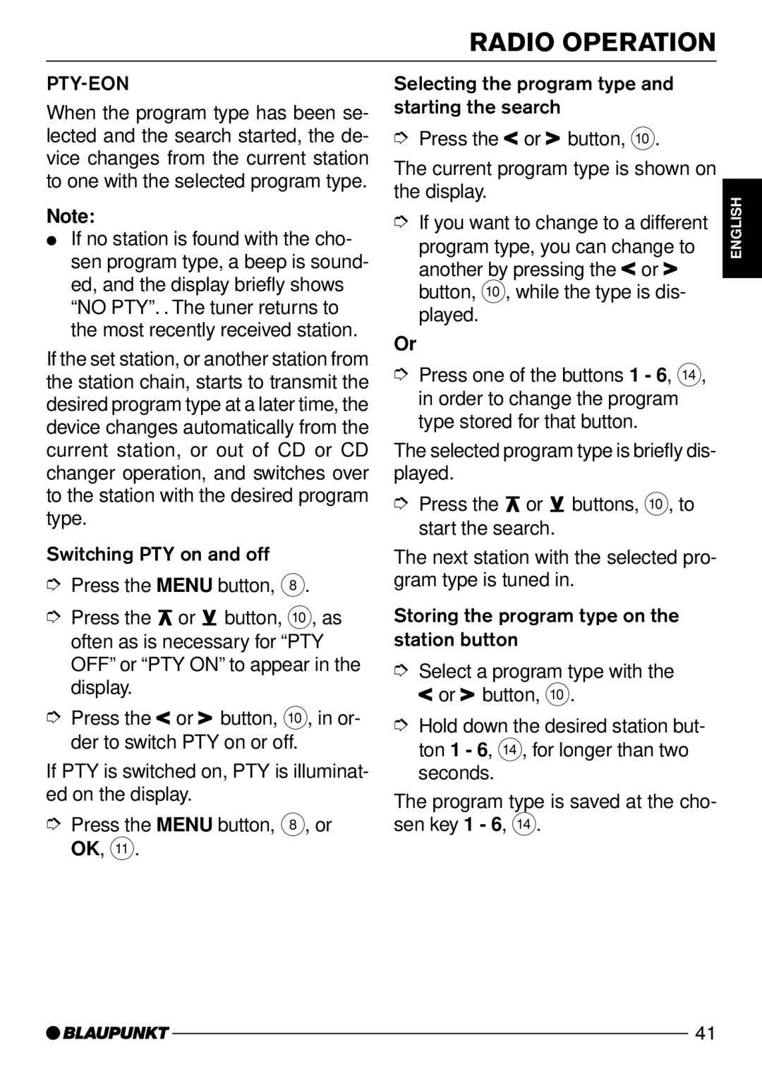 Blaupunkt C51 operating instructions Pty-Eon 