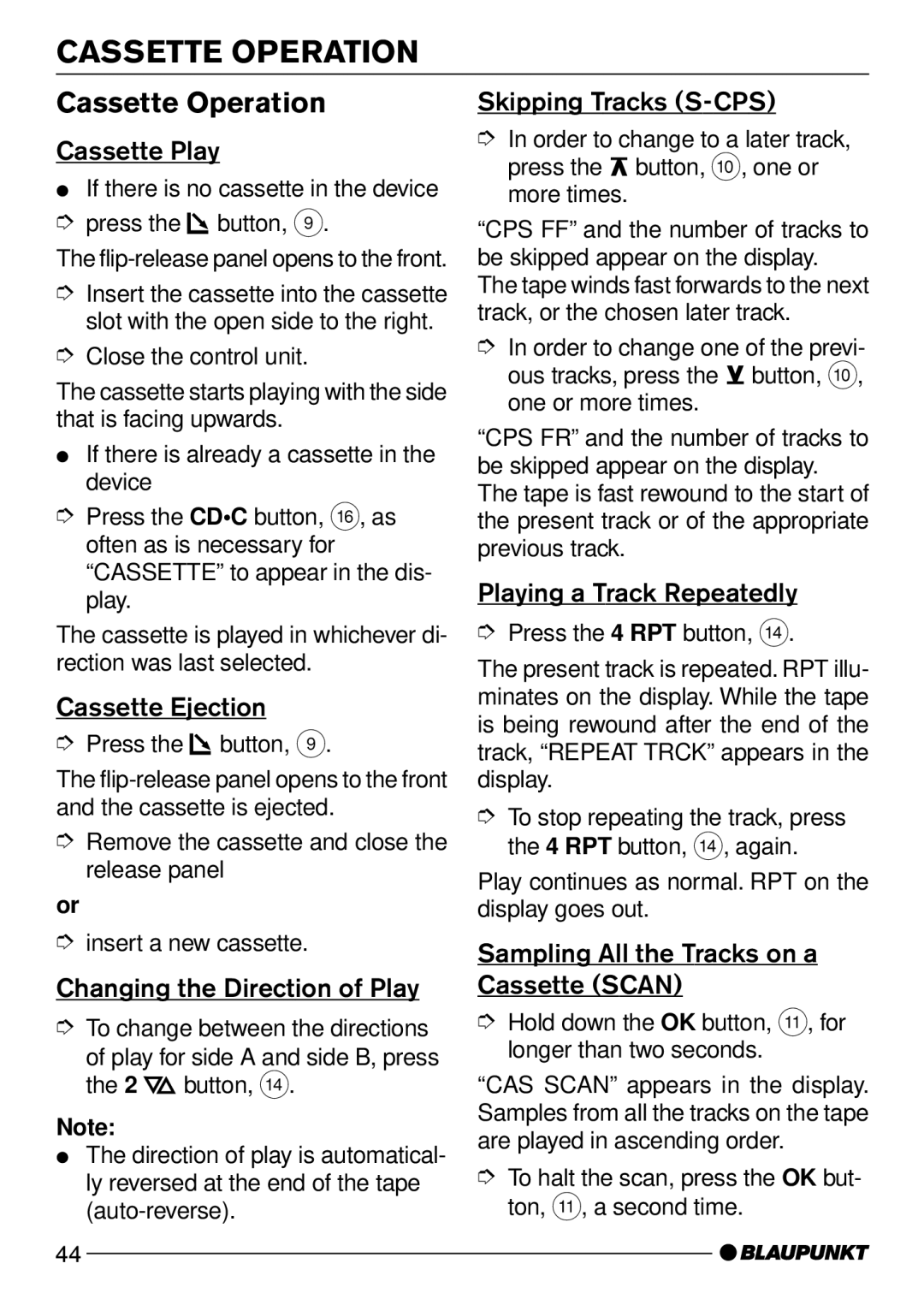 Blaupunkt C51 operating instructions Cassette Operation 