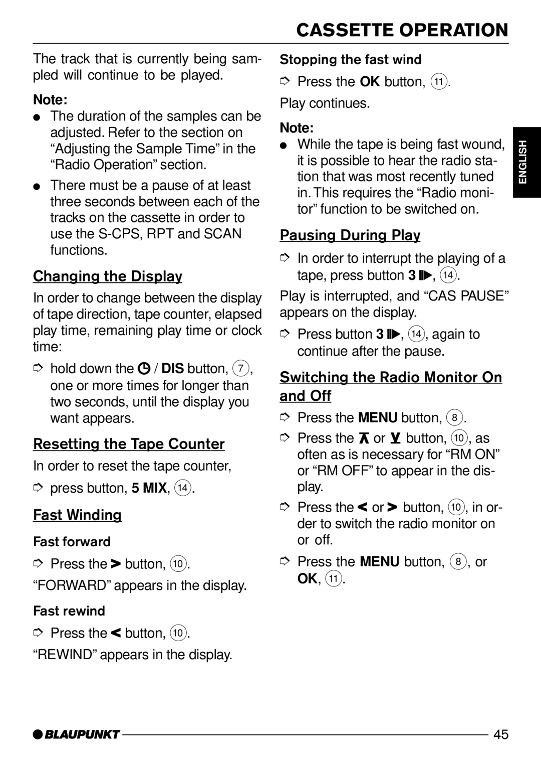 Blaupunkt C51 operating instructions Changing the Display, Resetting the Tape Counter, Fast Winding, Pausing During Play 