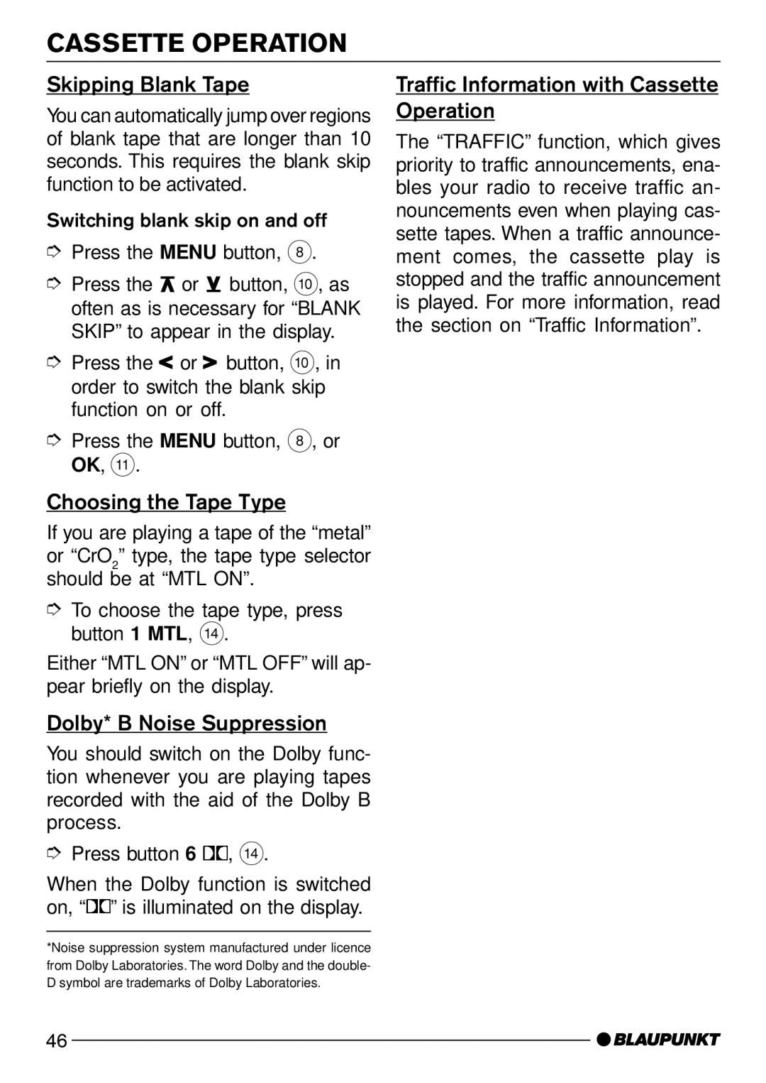 Blaupunkt C51 Skipping Blank Tape, Traffic Information with Cassette Operation, Choosing the Tape Type 