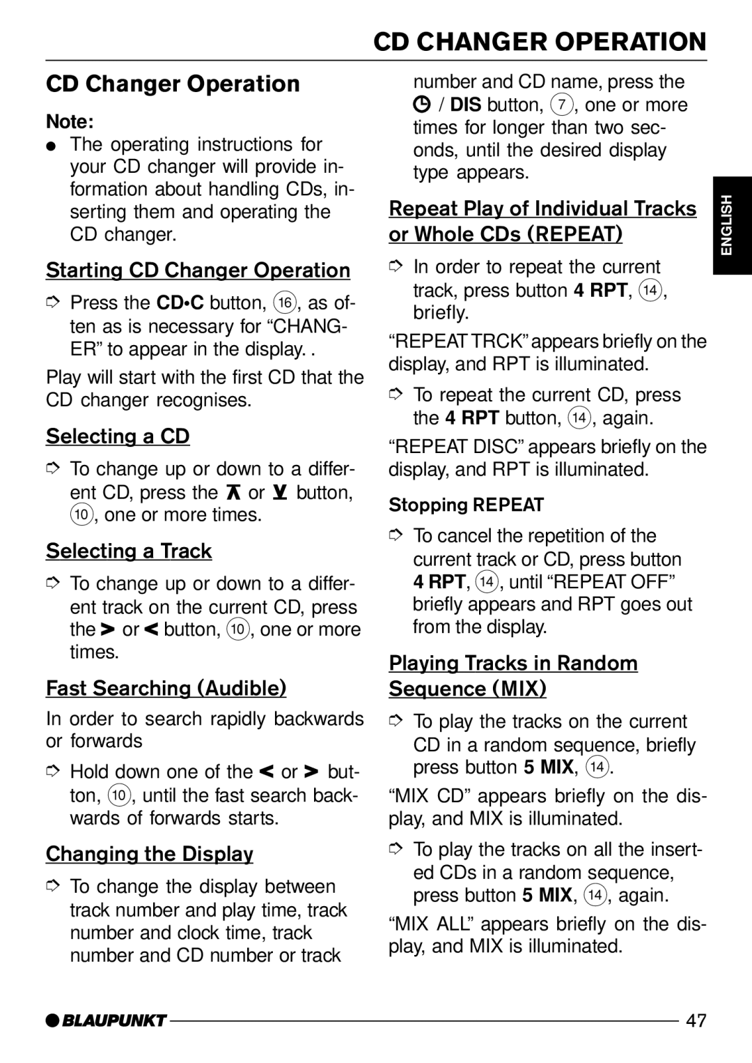 Blaupunkt C51 operating instructions CD Changer Operation 