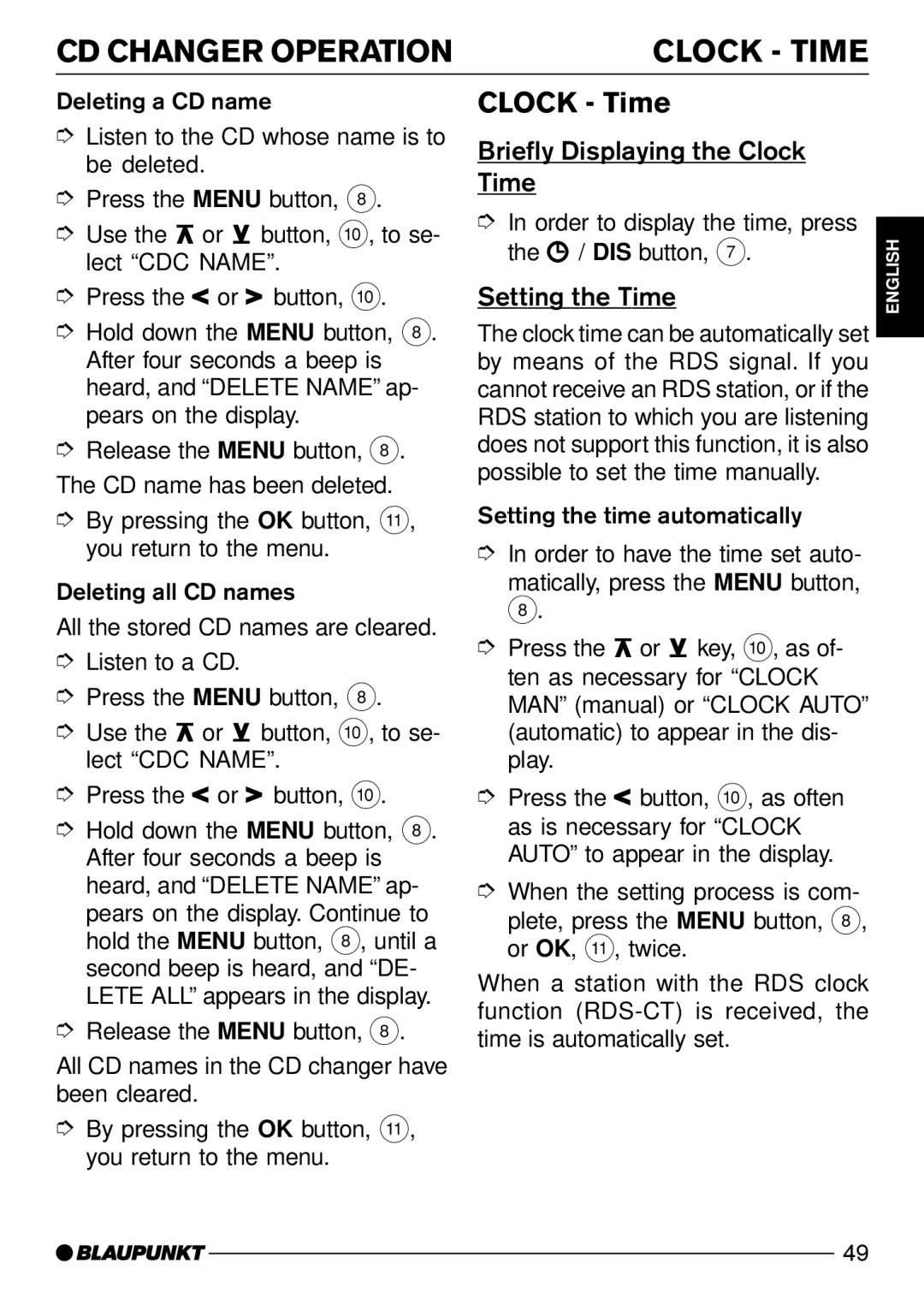 Blaupunkt C51 operating instructions CD Changer Operation Clock Time, Briefly Displaying the Clock Time, Setting the Time 