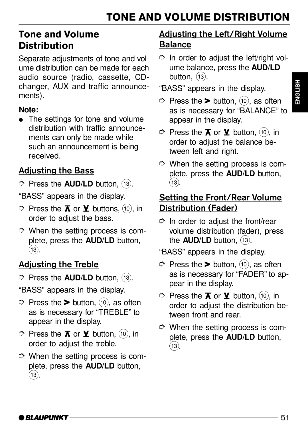 Blaupunkt C51 operating instructions Tone and Volume Distribution 