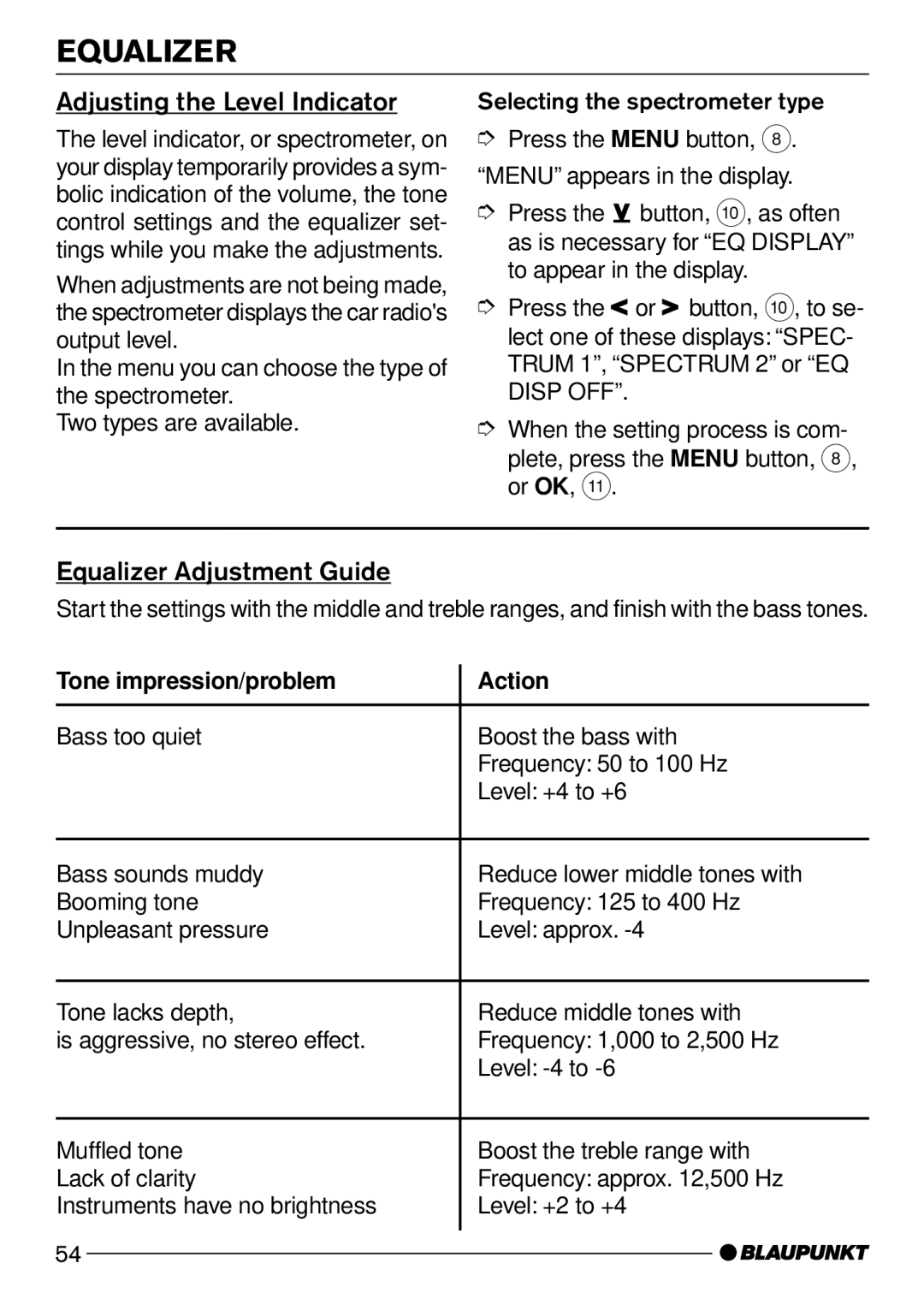 Blaupunkt C51 operating instructions Adjusting the Level Indicator, Equalizer Adjustment Guide 