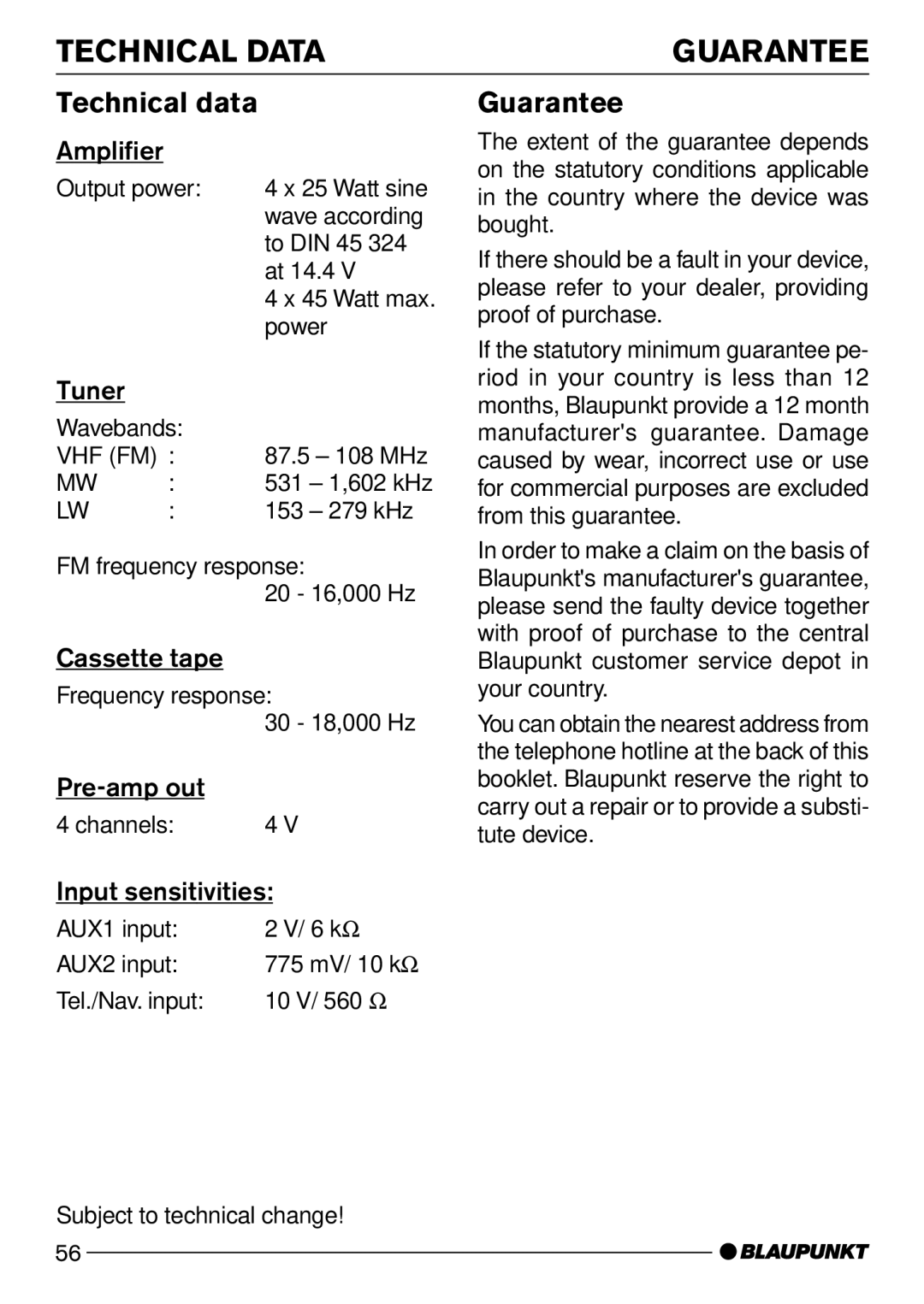 Blaupunkt C51 operating instructions Technical Data, Technical data, Guarantee 