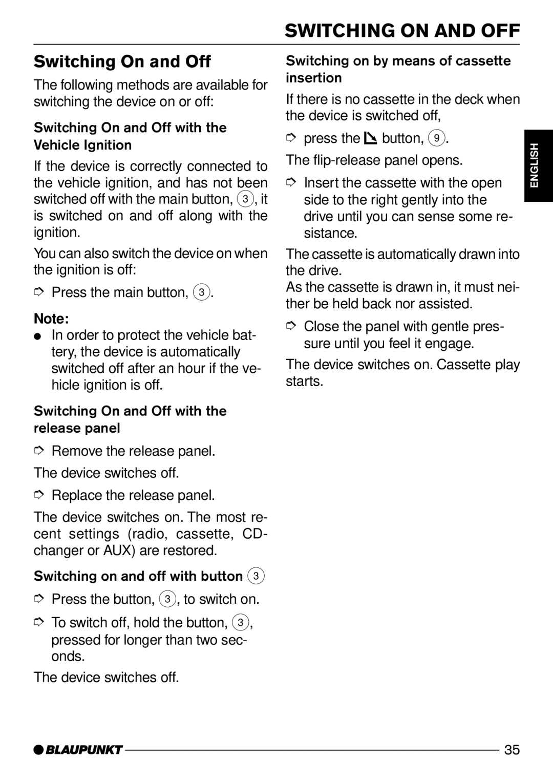 Blaupunkt C51 operating instructions Switching on and OFF, Switching On and Off 