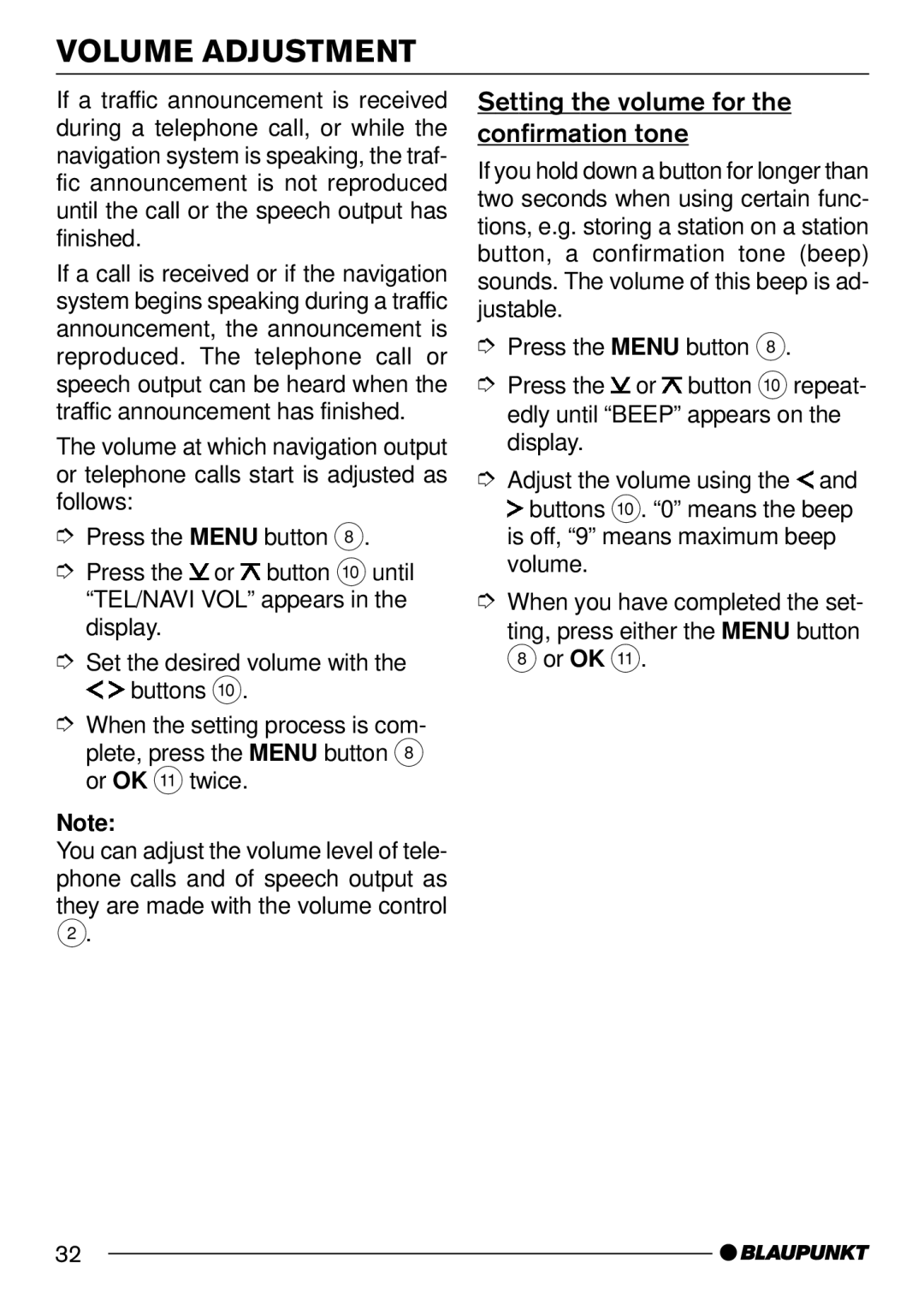 Blaupunkt C52, DJ52 operating instructions Setting the volume for the confirmation tone 