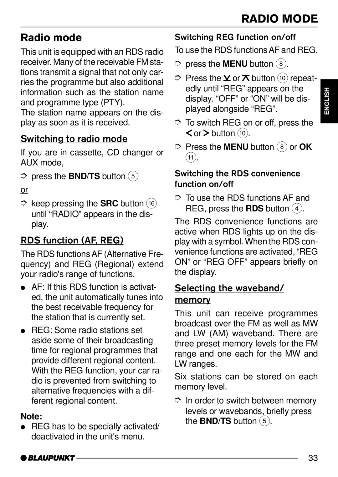 Blaupunkt DJ52, C52 Radio Mode, Radio mode, Switching to radio mode, RDS function AF, REG, Selecting the waveband/ memory 