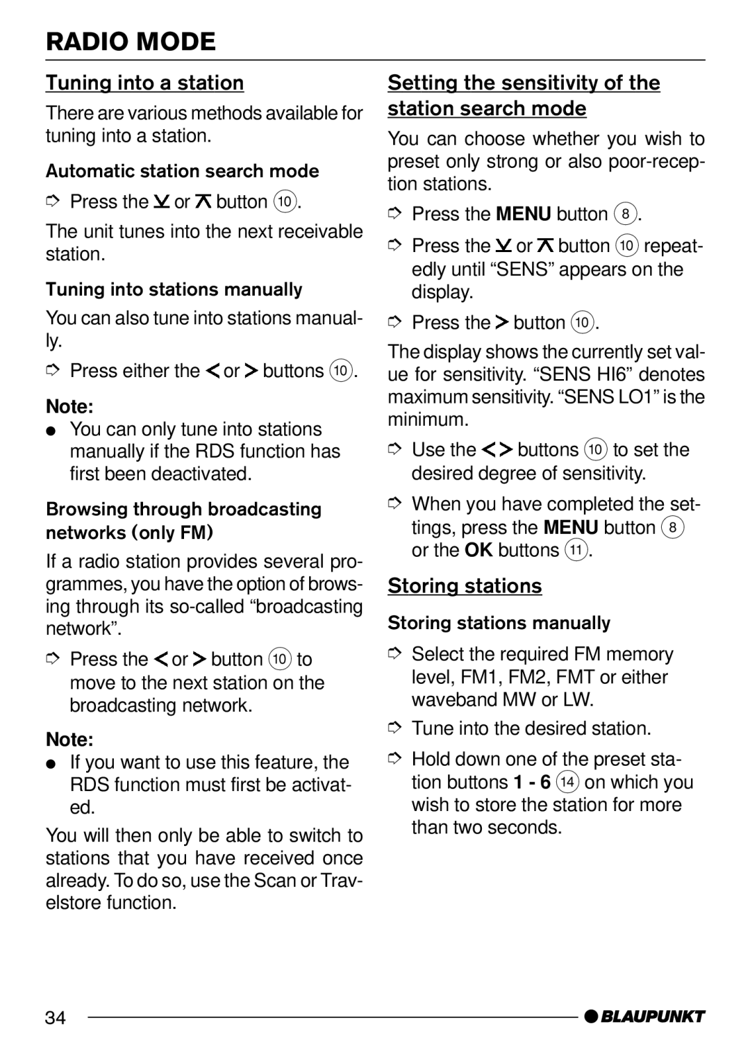 Blaupunkt C52, DJ52 Tuning into a station, Setting the sensitivity of the station search mode, Storing stations 