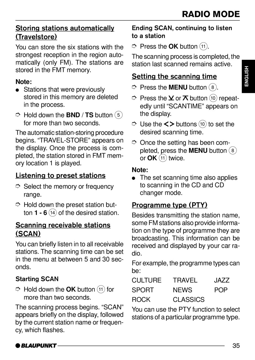 Blaupunkt DJ52 Storing stations automatically Travelstore, Listening to preset stations, Scanning receivable stations Scan 
