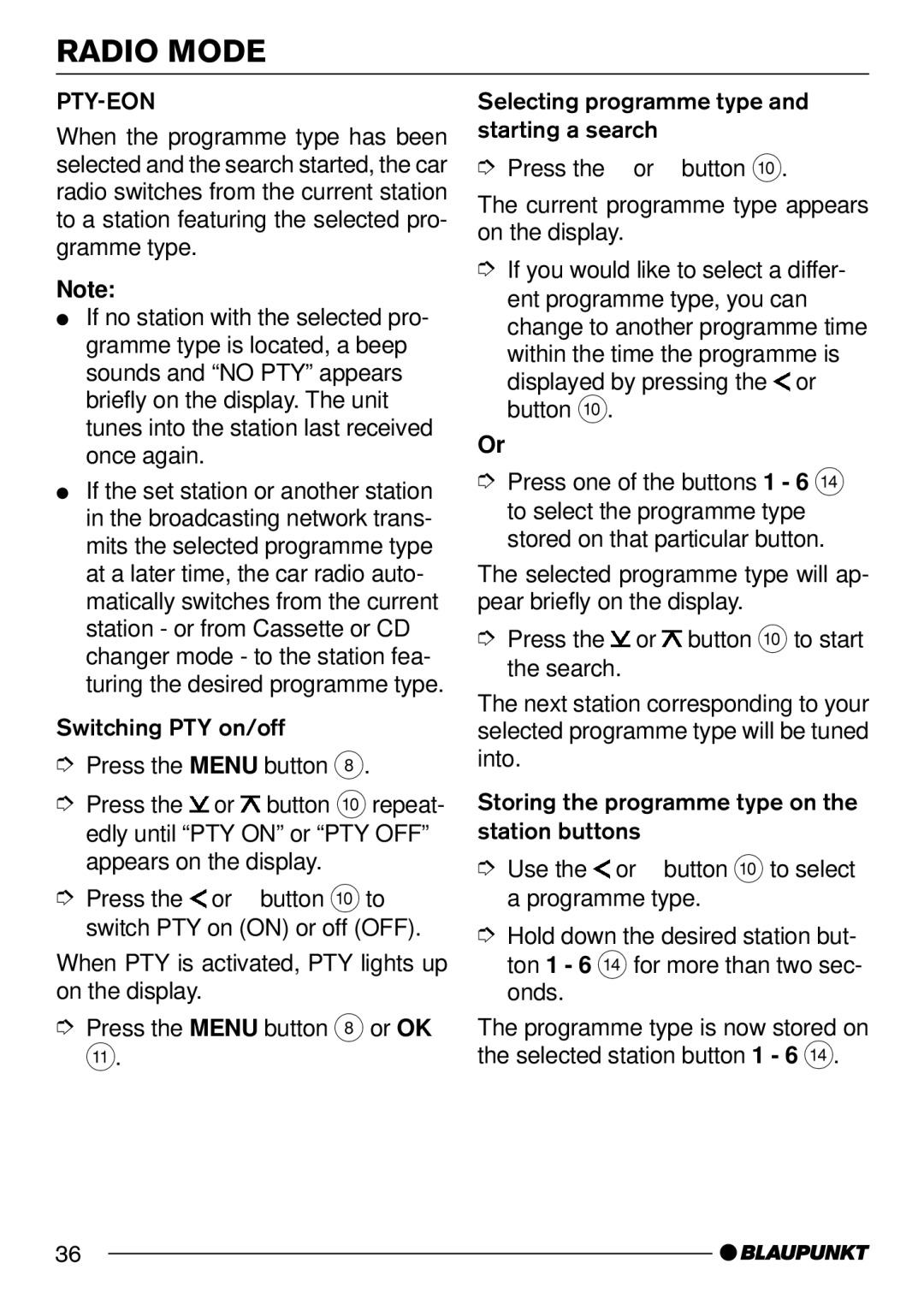 Blaupunkt C52, DJ52 operating instructions Pty-Eon 