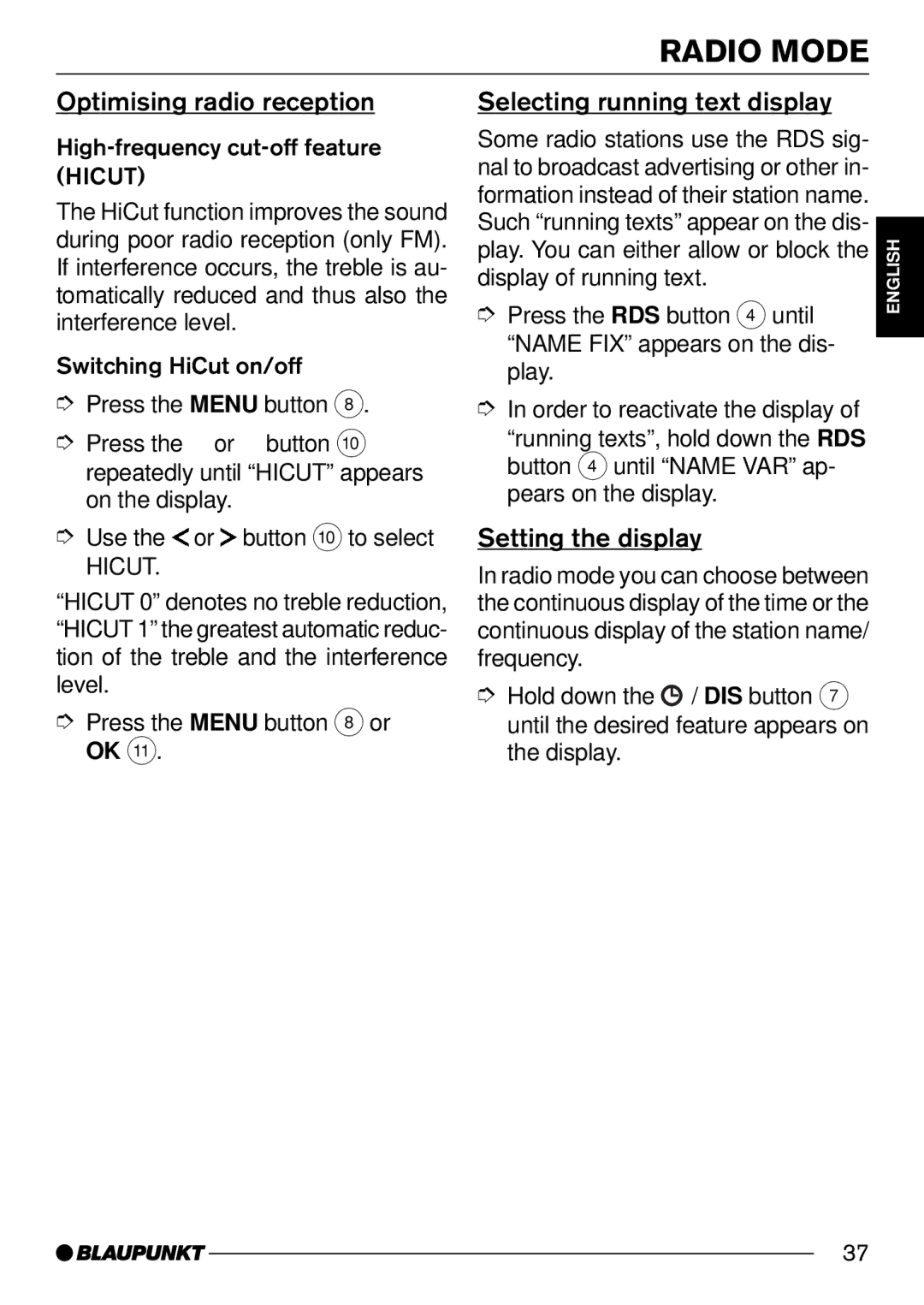 Blaupunkt DJ52, C52 operating instructions Optimising radio reception, Selecting running text display, Setting the display 