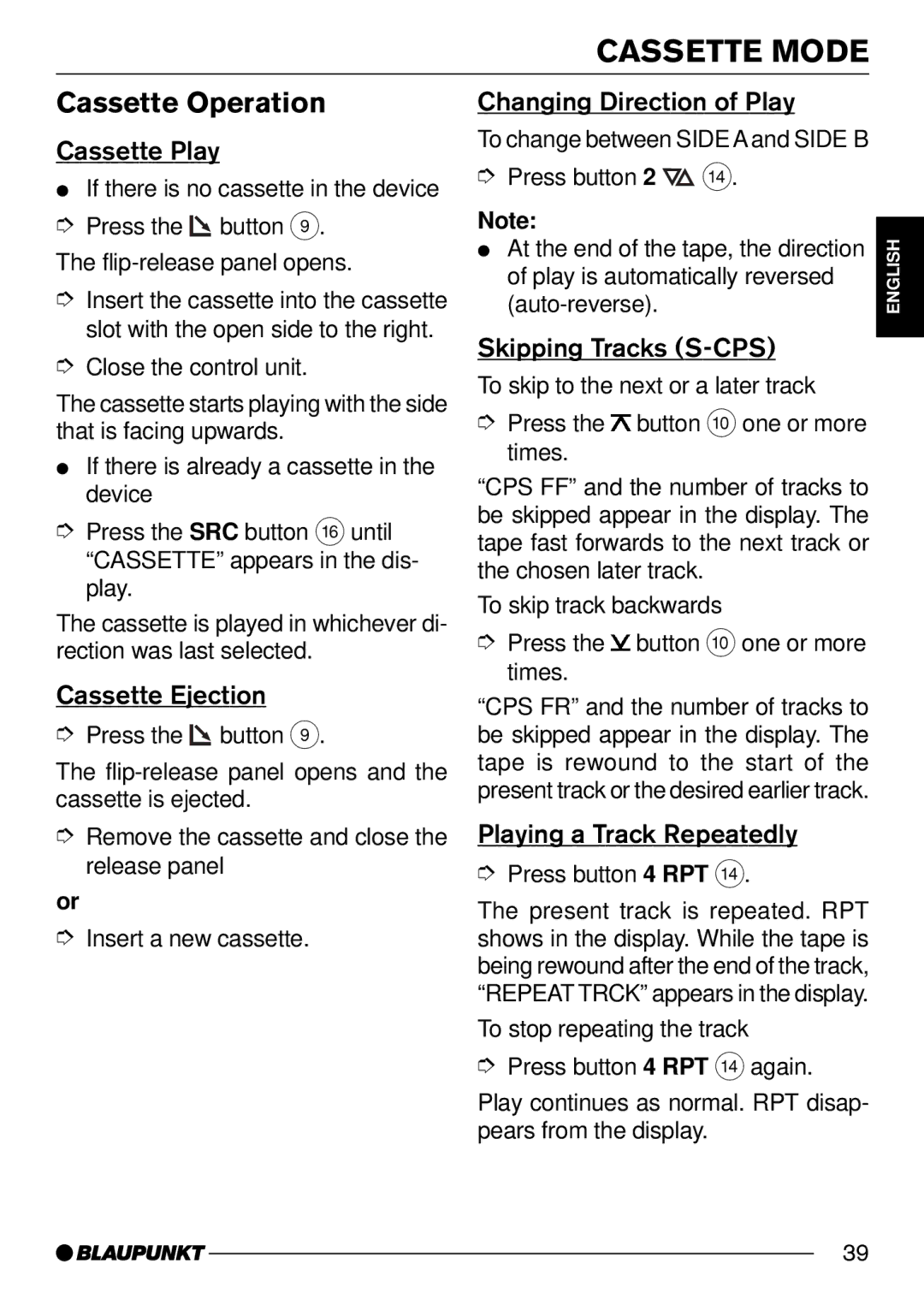 Blaupunkt DJ52, C52 operating instructions Cassette Mode, Cassette Operation 