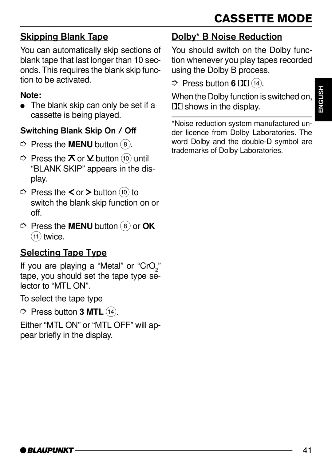 Blaupunkt DJ52, C52 operating instructions Skipping Blank Tape, Selecting Tape Type, Dolby* B Noise Reduction 