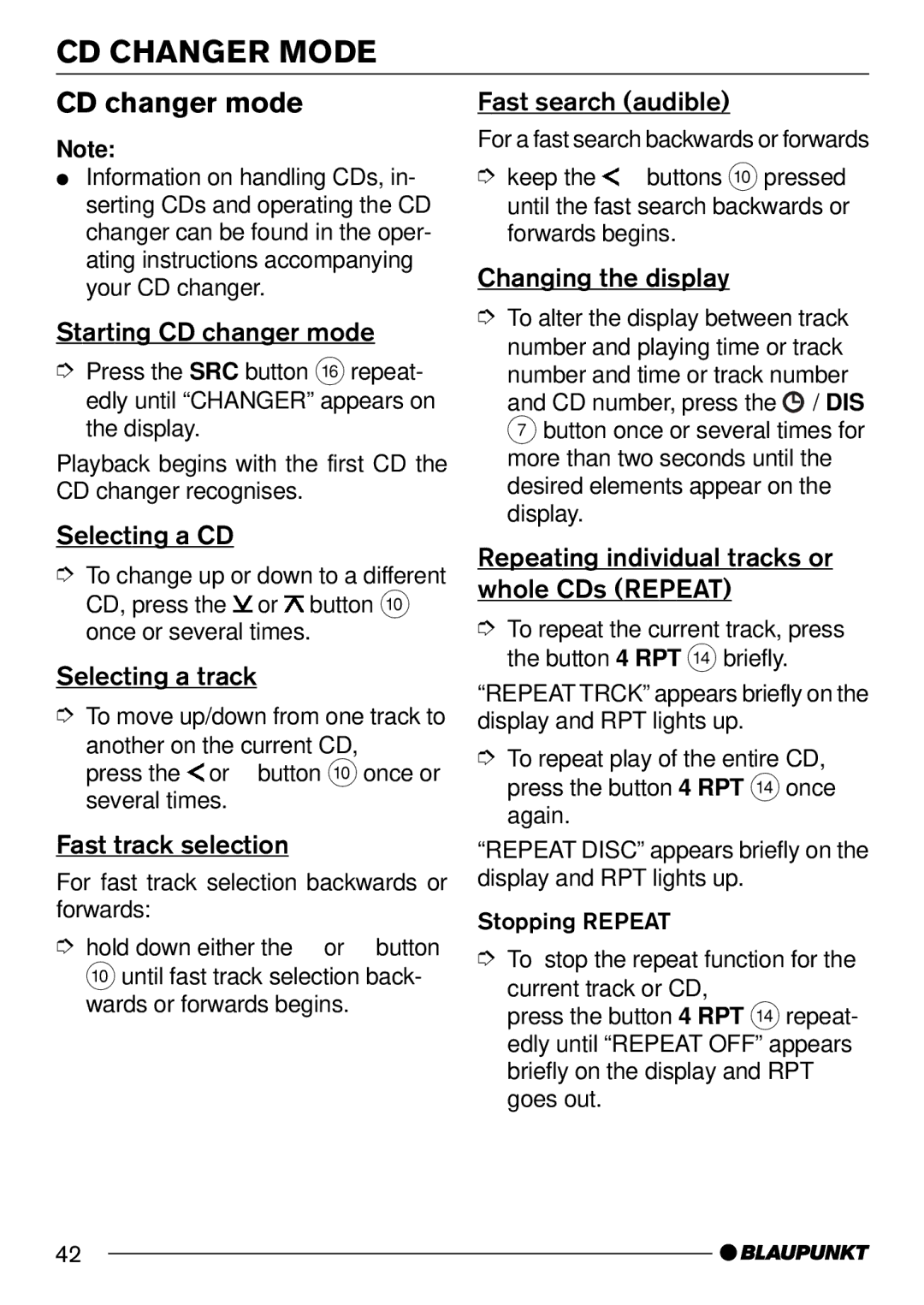Blaupunkt C52, DJ52 operating instructions CD Changer Mode, CD changer mode 