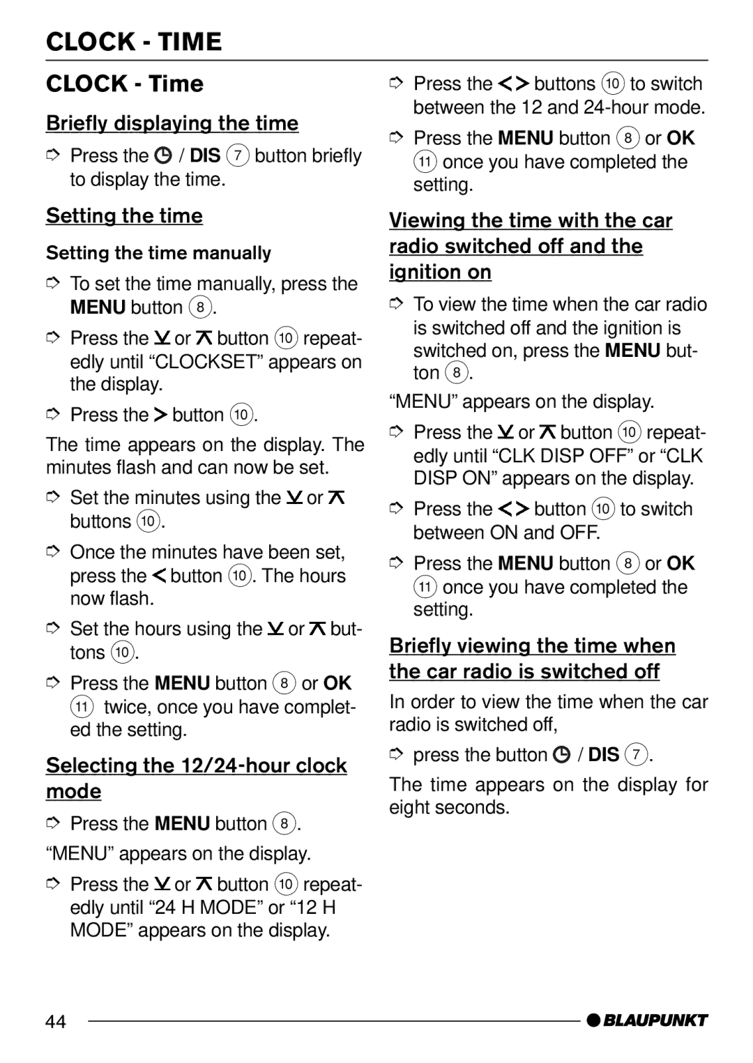 Blaupunkt C52, DJ52 operating instructions Clock Time 