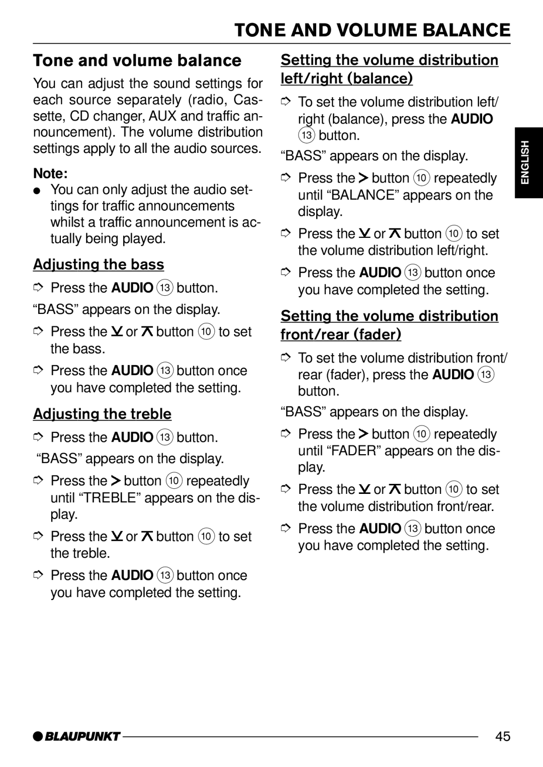 Blaupunkt DJ52, C52 operating instructions Tone and Volume Balance, Tone and volume balance 