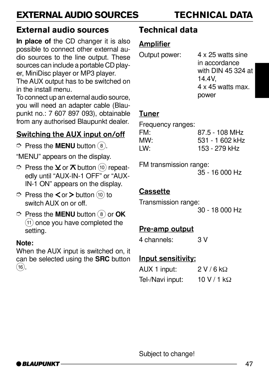 Blaupunkt DJ52, C52 operating instructions External Audio Sources, External audio sources, Technical data 