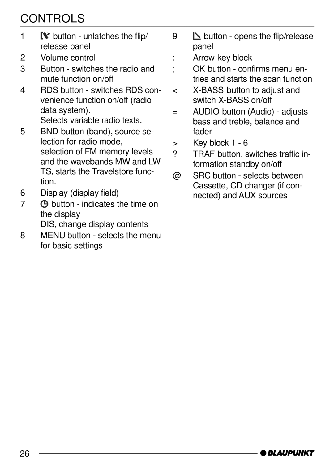 Blaupunkt C52, DJ52 operating instructions Controls 