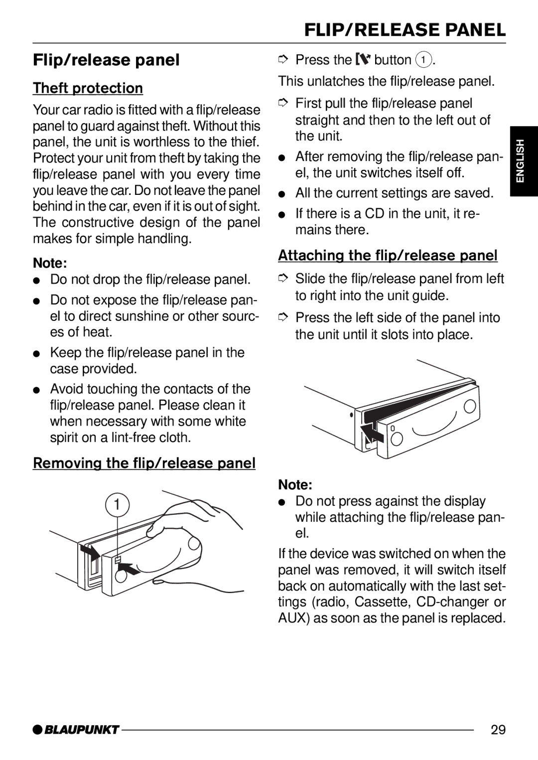 Blaupunkt DJ52, C52 operating instructions FLIP/RELEASE Panel, Flip/release panel, Theft protection 