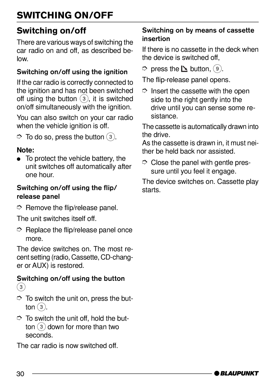 Blaupunkt C52, DJ52 operating instructions Switching ON/OFF, Switching on/off 