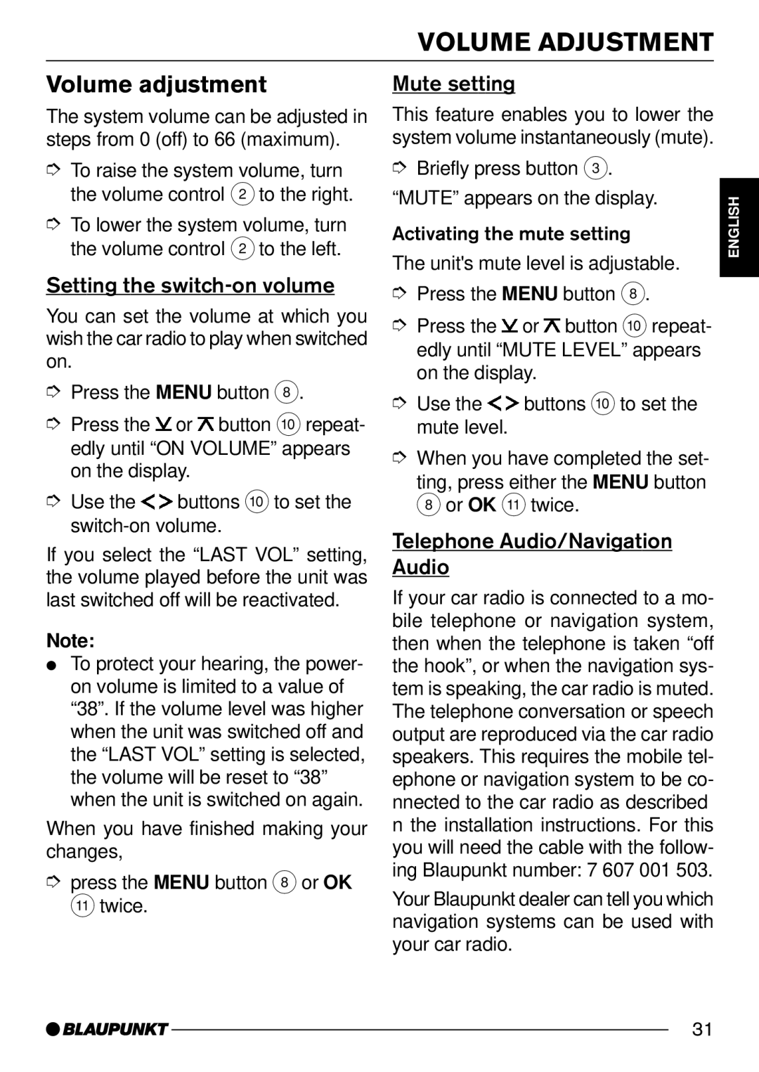 Blaupunkt DJ52, C52 operating instructions Volume Adjustment, Volume adjustment, Setting the switch-on volume, Mute setting 