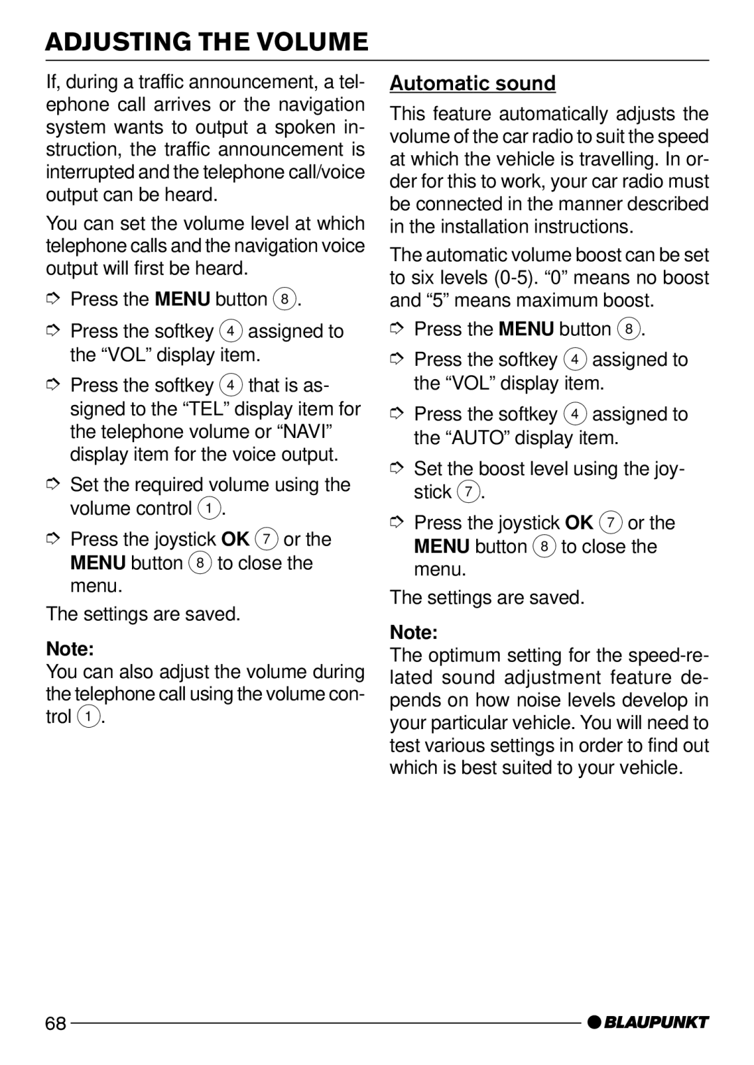 Blaupunkt C73 operating instructions Automatic sound 