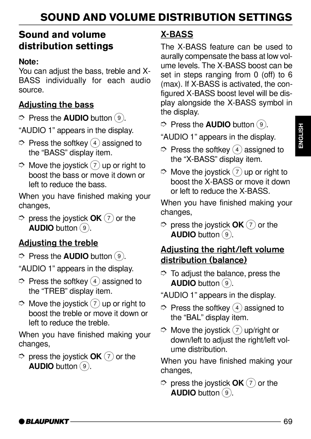 Blaupunkt C73 Sound and Volume Distribution Settings, Sound and volume distribution settings, Adjusting the bass 