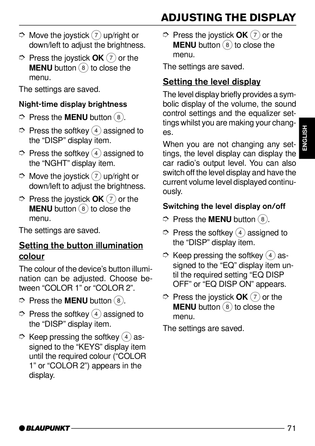 Blaupunkt C73 Adjusting the Display, Setting the button illumination colour, Setting the level display 