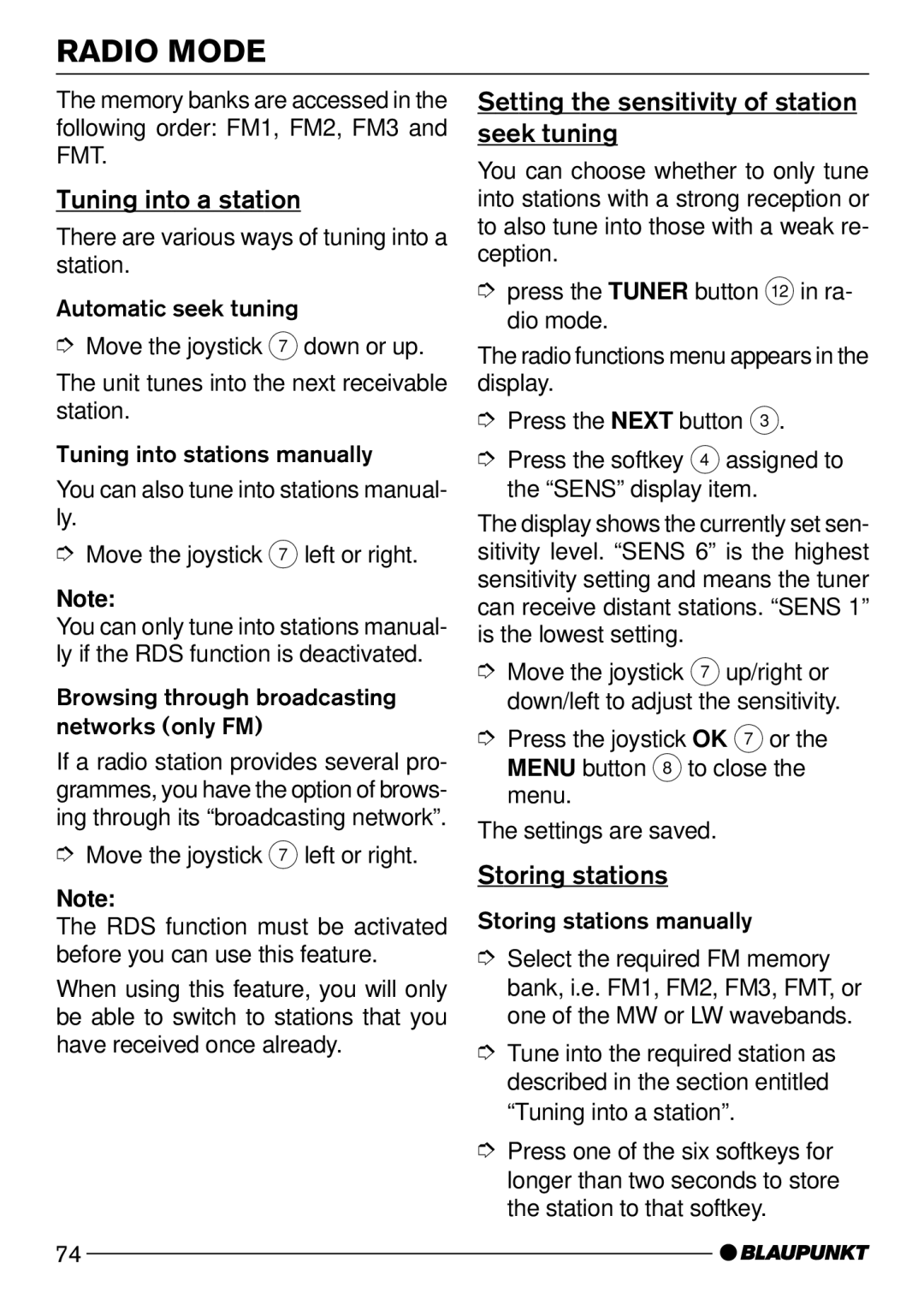 Blaupunkt C73 Tuning into a station, Setting the sensitivity of station seek tuning, Storing stations 