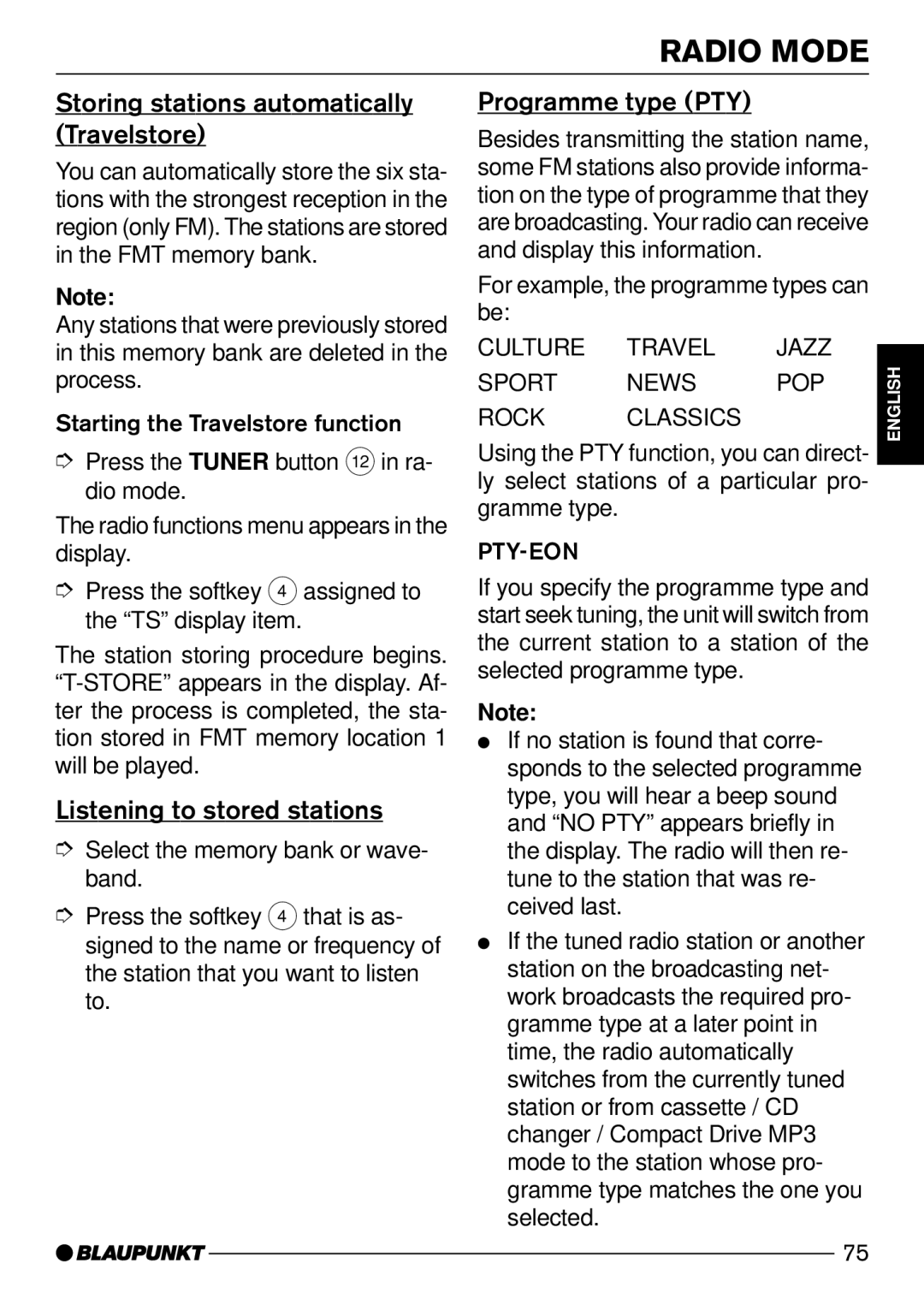 Blaupunkt C73 Storing stations automatically Travelstore, Listening to stored stations, Programme type PTY 