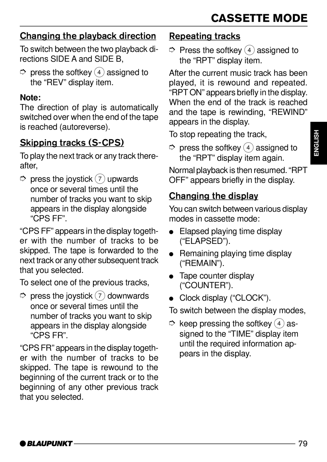 Blaupunkt C73 Cassette Mode, Changing the playback direction, Skipping tracks S-CPS, Repeating tracks 