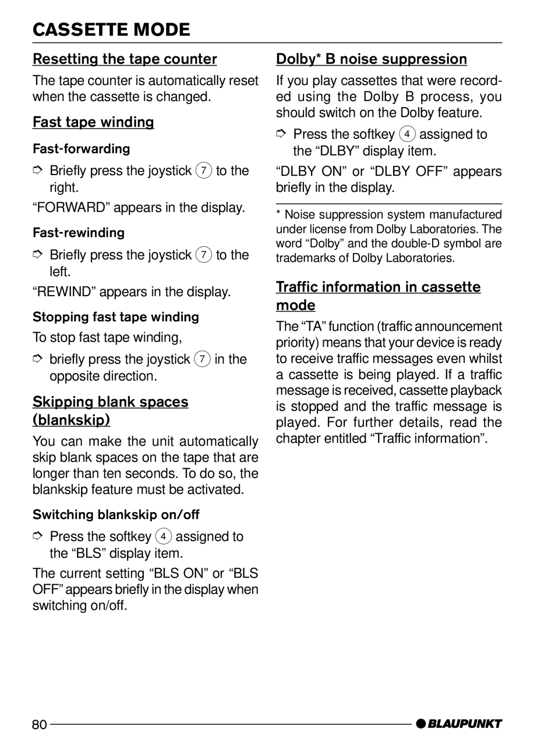Blaupunkt C73 Resetting the tape counter, Fast tape winding, Dolby* B noise suppression, Skipping blank spaces blankskip 