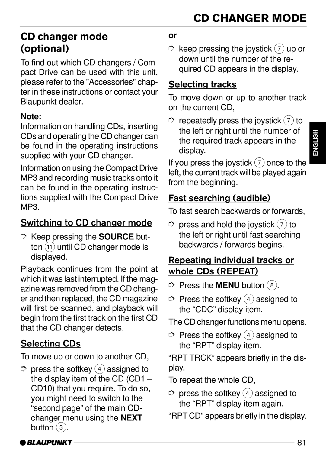 Blaupunkt C73 operating instructions CD Changer Mode, CD changer mode optional 