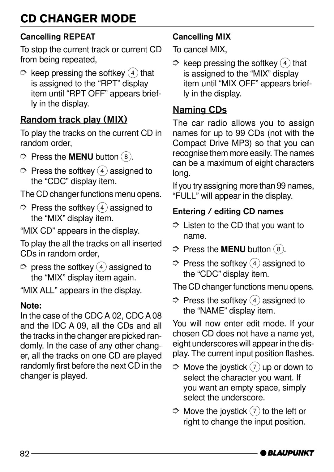 Blaupunkt C73 operating instructions Random track play MIX, Naming CDs 