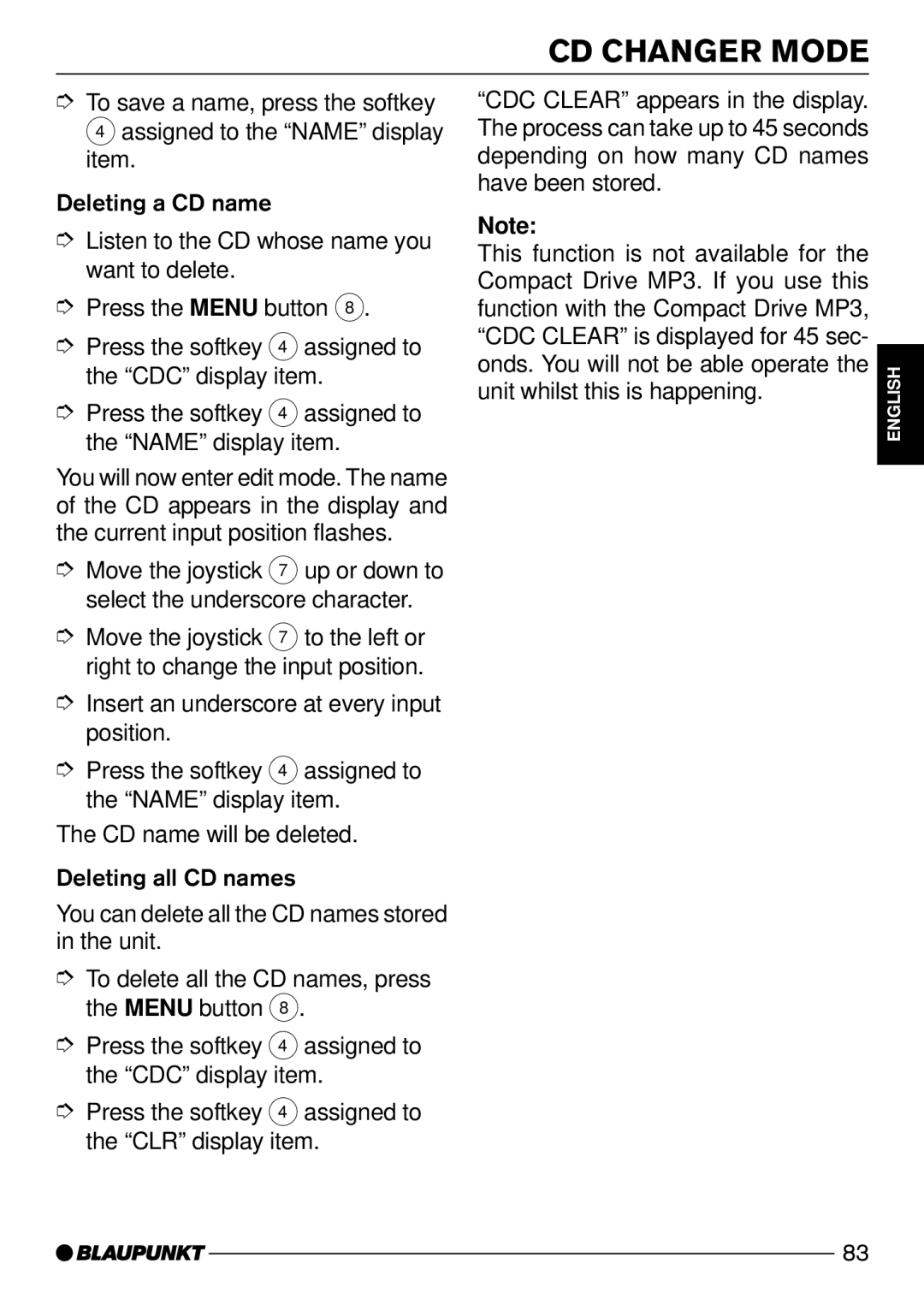 Blaupunkt C73 operating instructions Depending on how many CD names Have been stored 