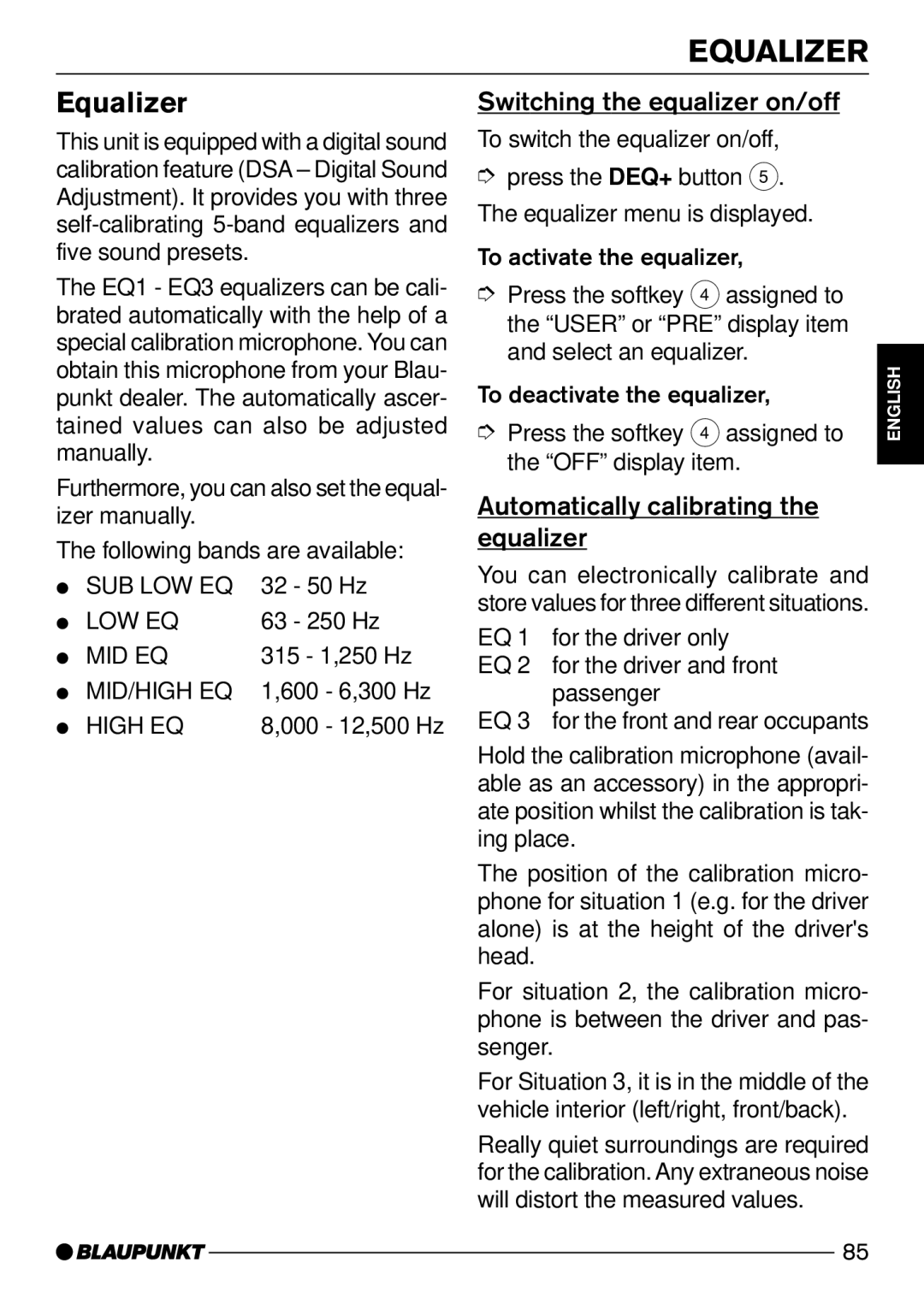 Blaupunkt C73 operating instructions Switching the equalizer on/off, Automatically calibrating Equalizer 