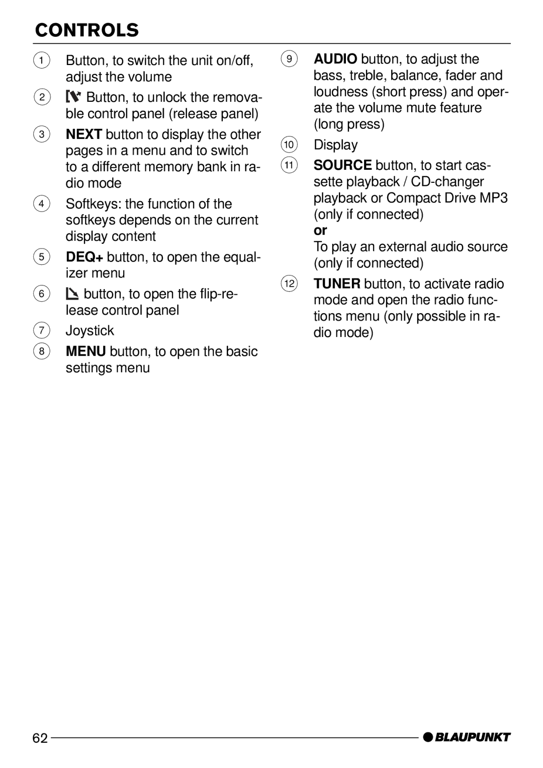 Blaupunkt C73 operating instructions Controls 