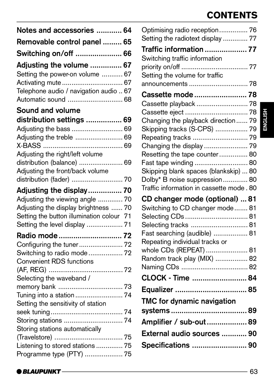 Blaupunkt C73 operating instructions Contents 