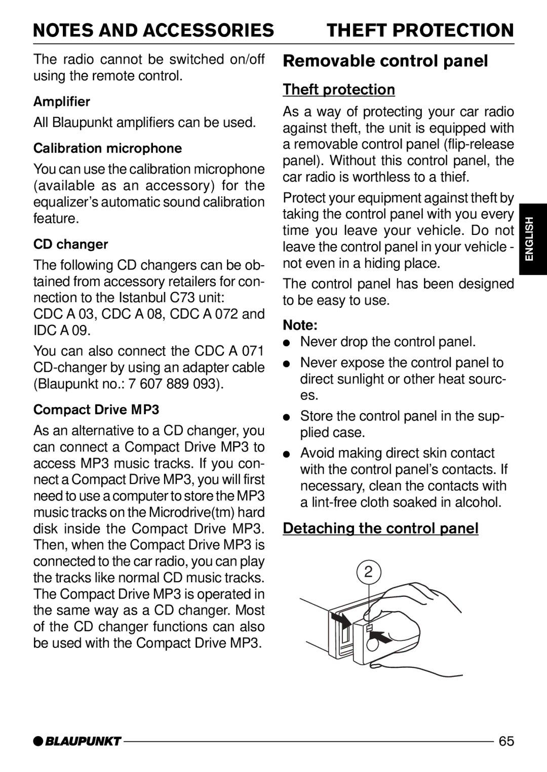 Blaupunkt C73 operating instructions Removable control panel, Theft protection, Detaching the control panel 