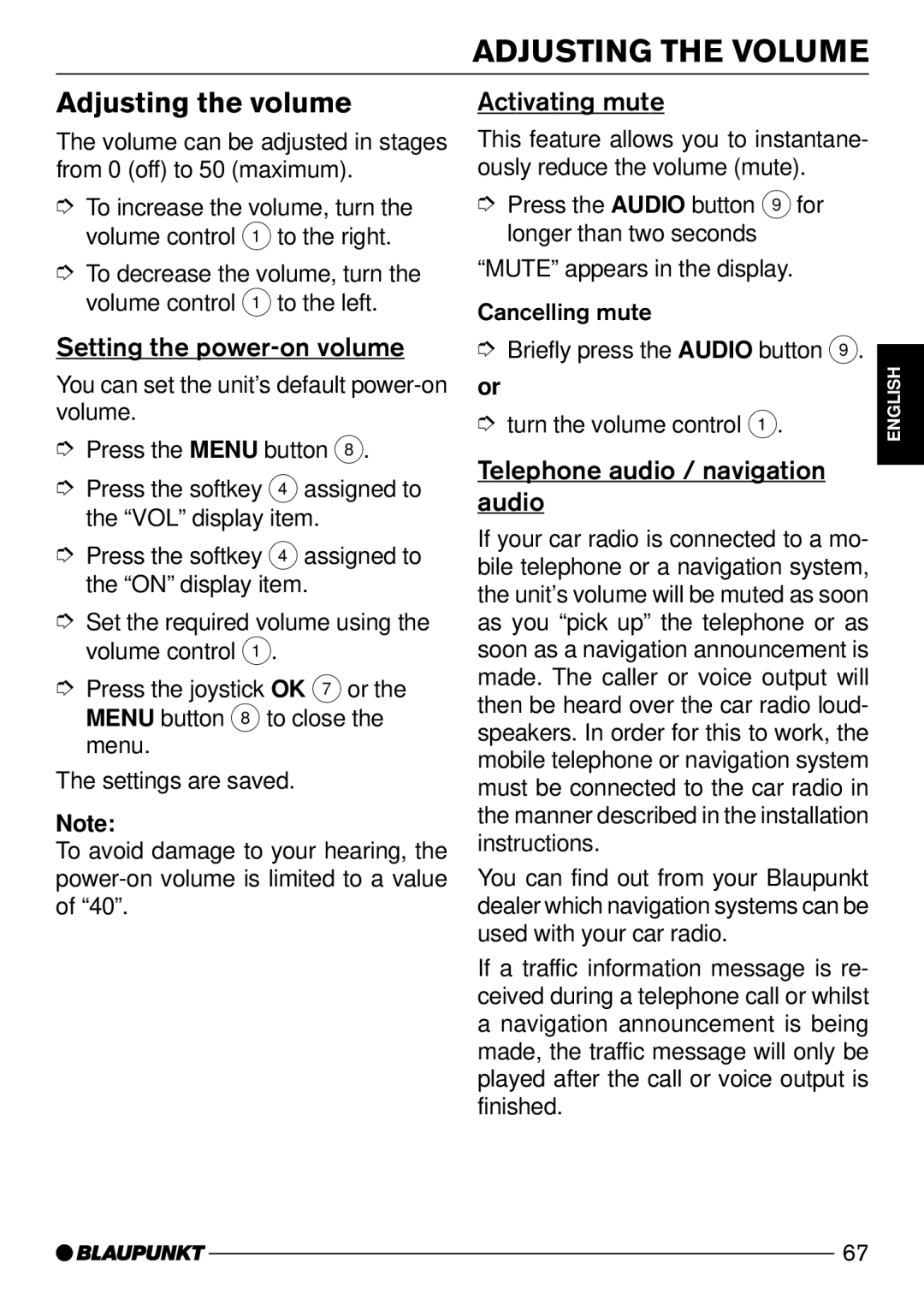 Blaupunkt C73 Adjusting the Volume, Adjusting the volume, Setting the power-on volume, Activating mute 