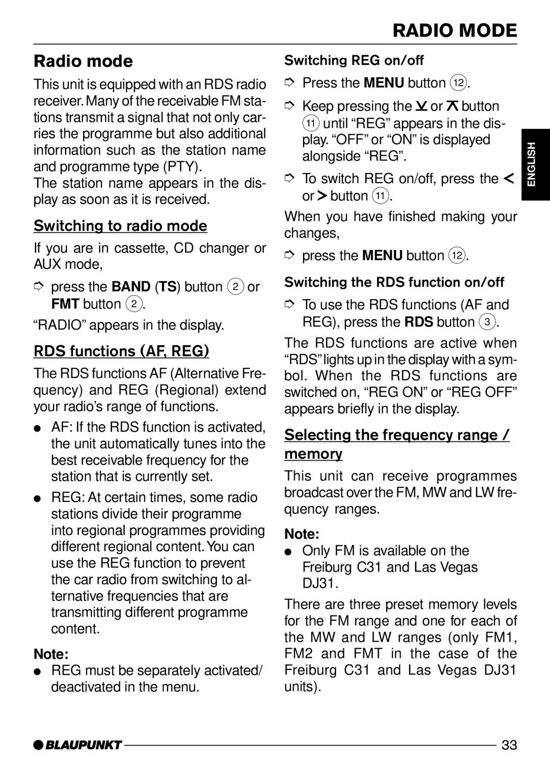 Blaupunkt Freiburg C31, Canberra C31, Las Vegas DJ31 Radio Mode, Radio mode, Switching to radio mode, RDS functions AF, REG 