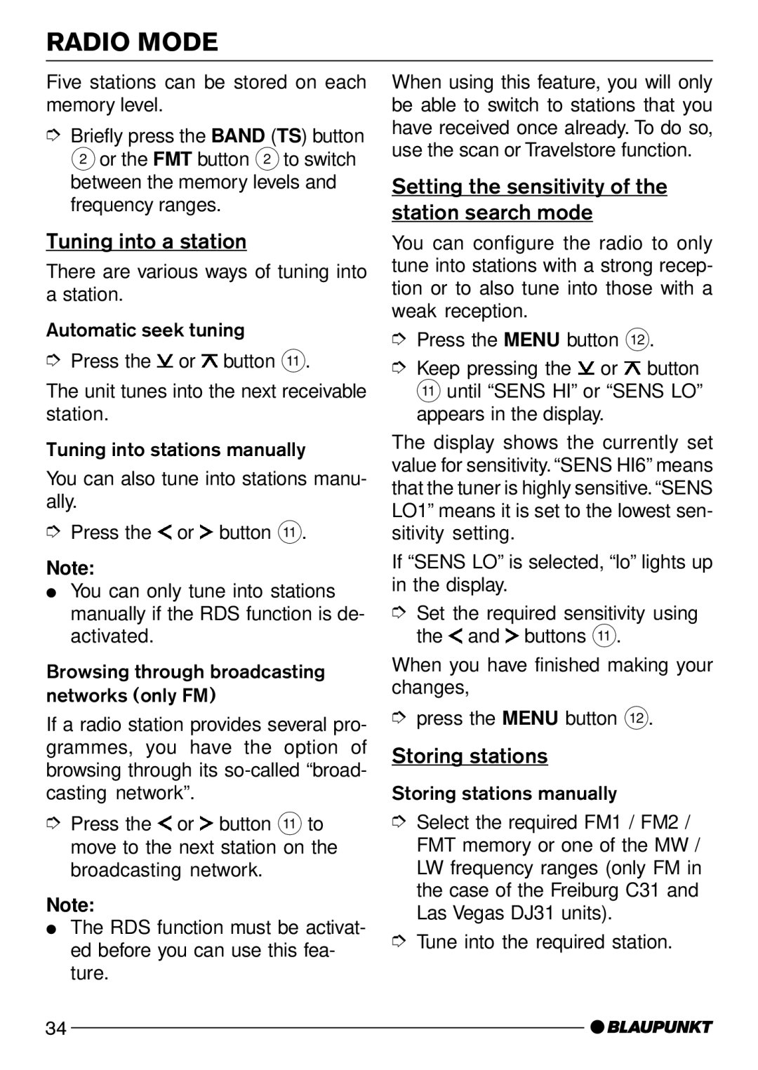 Blaupunkt San Diego DJ31 Tuning into a station, Setting the sensitivity of the station search mode, Storing stations 
